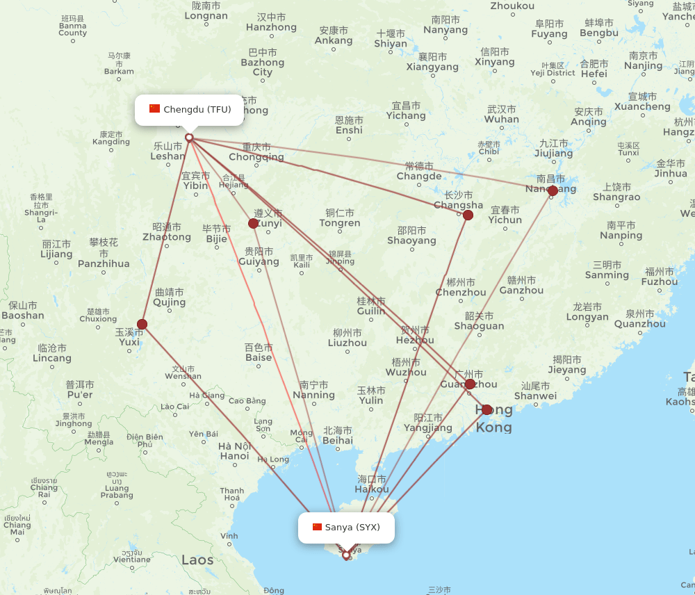 TFU to SYX flights and routes map