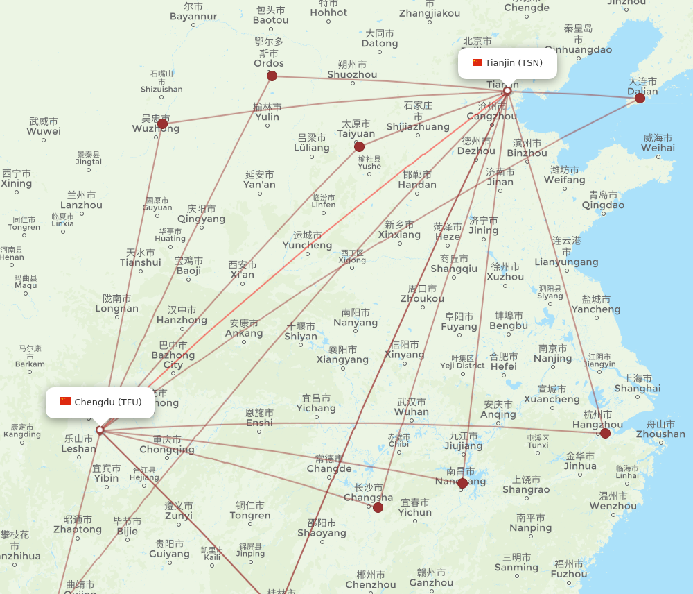TFU to TSN flights and routes map