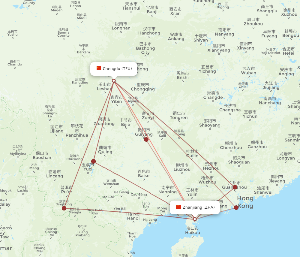 TFU to ZHA flights and routes map