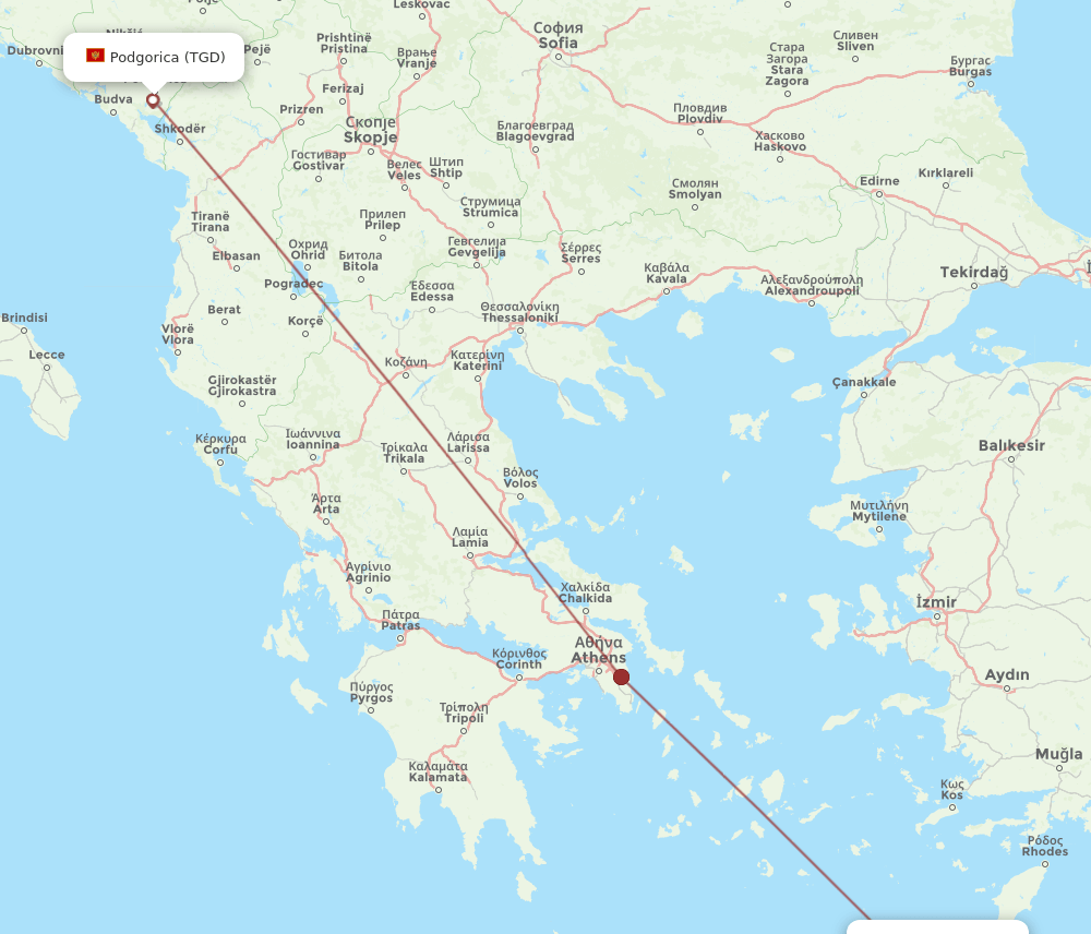Karpathos - Podgorica route map and flight paths