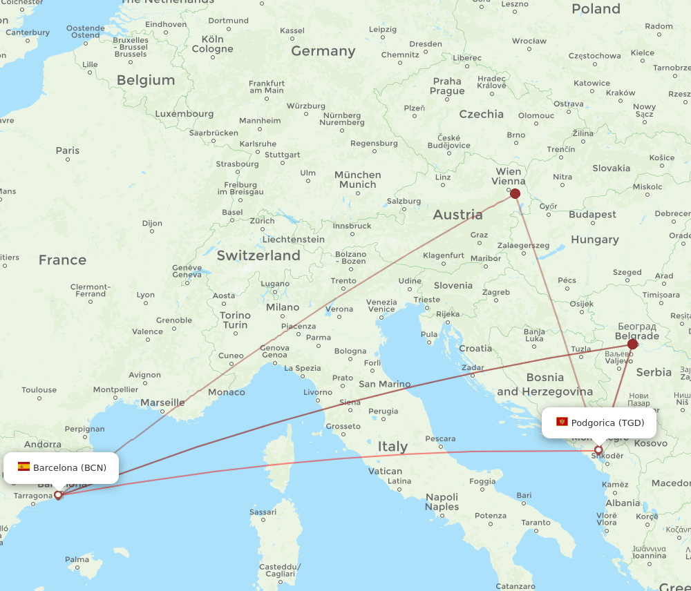 TGD to BCN flights and routes map