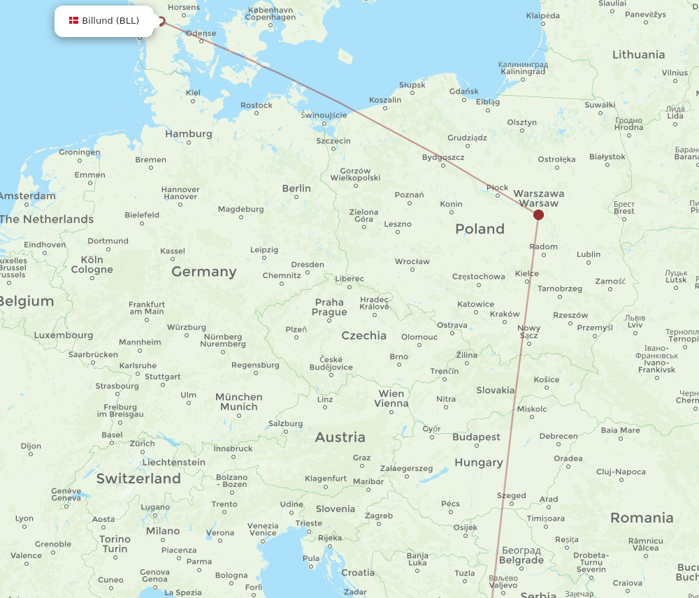 TGD to BLL flights and routes map