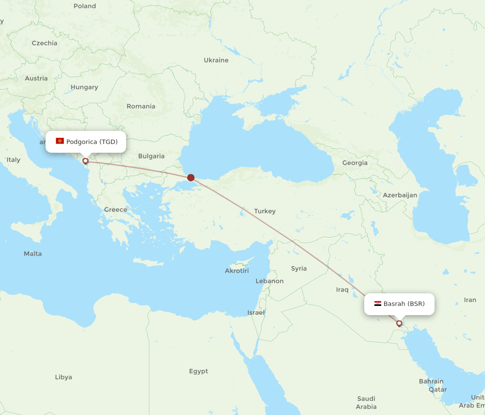 Basra - Podgorica route map and flight paths