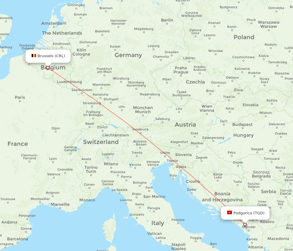 TGD to CRL flights and routes map