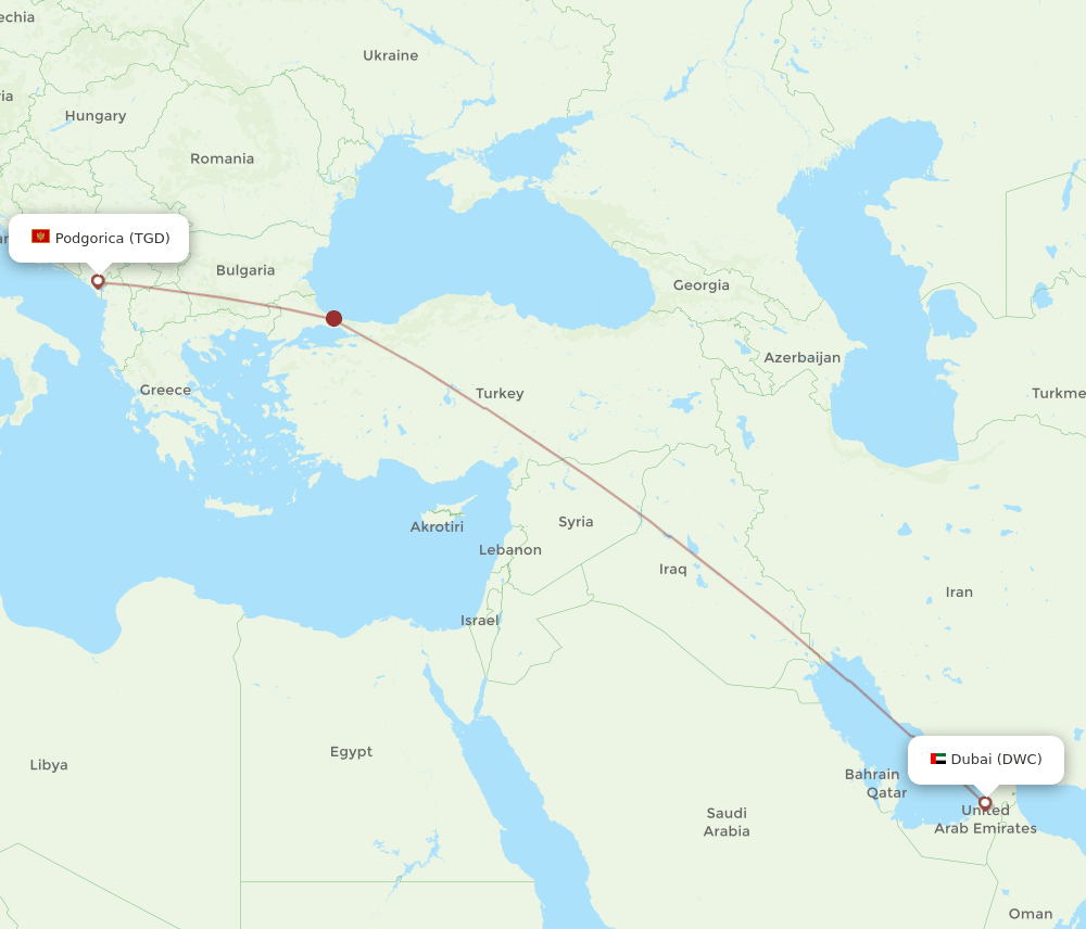 Podgorica - Dubai route map and flight paths