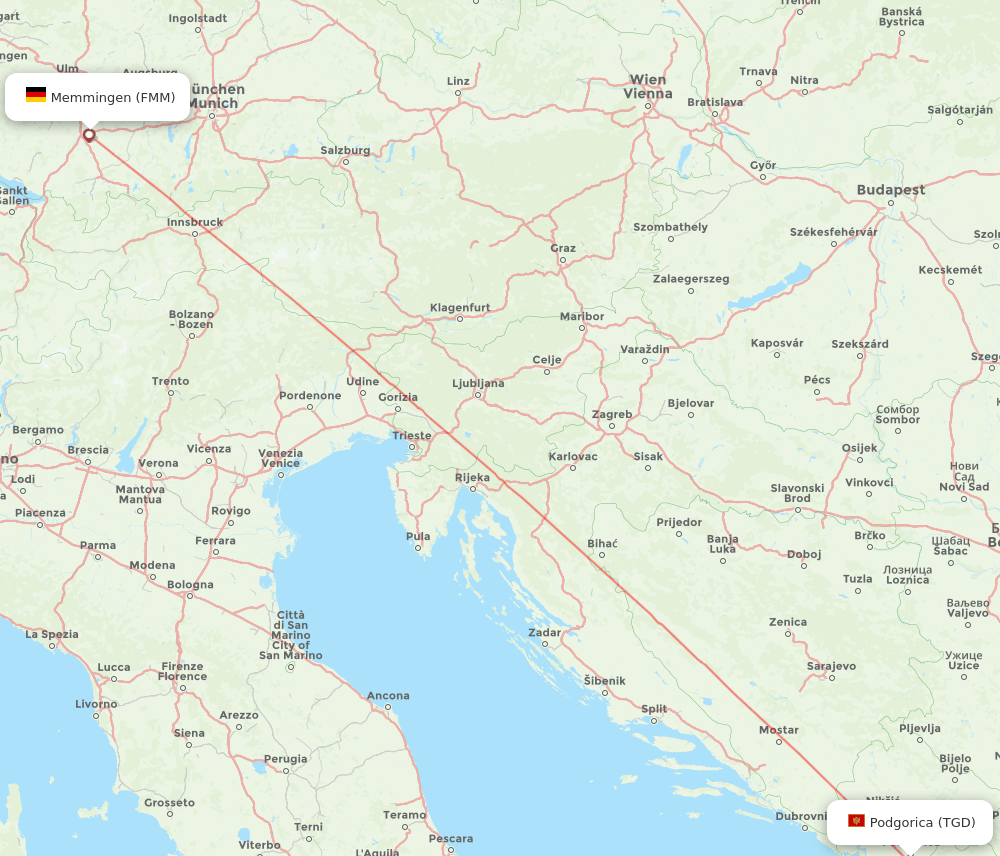 Podgorica - Memmingen route map and flight paths