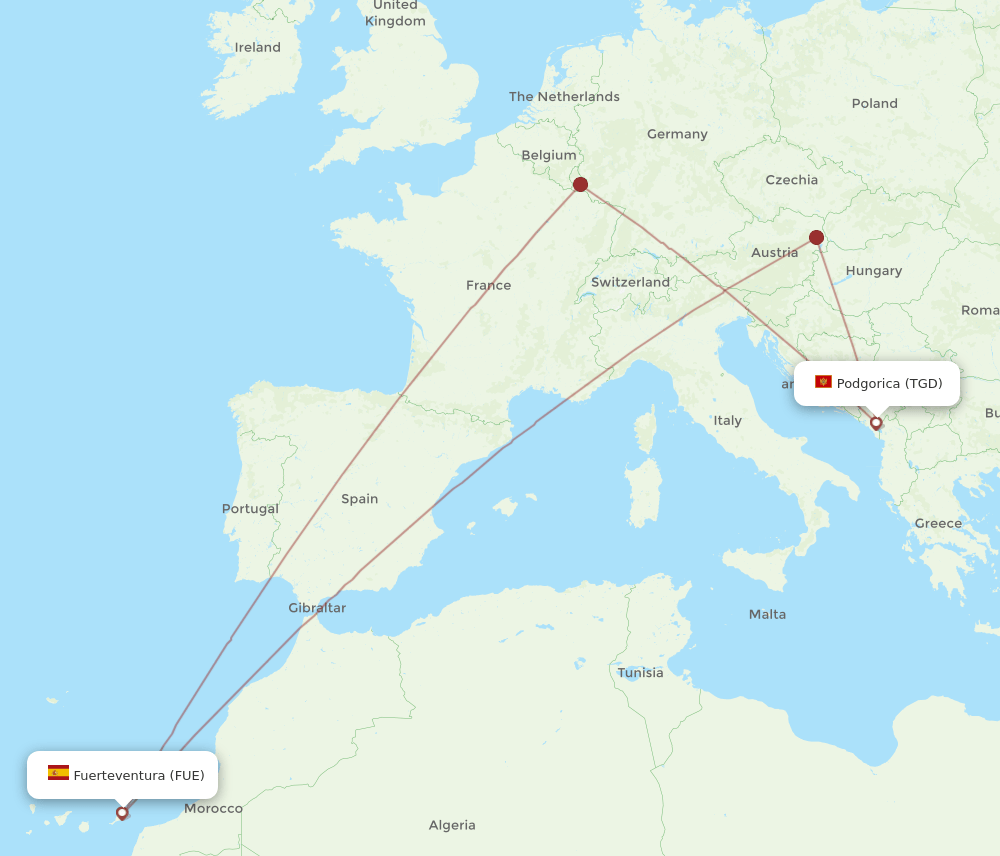 Podgorica - Puerto del Rosario route map and flight paths