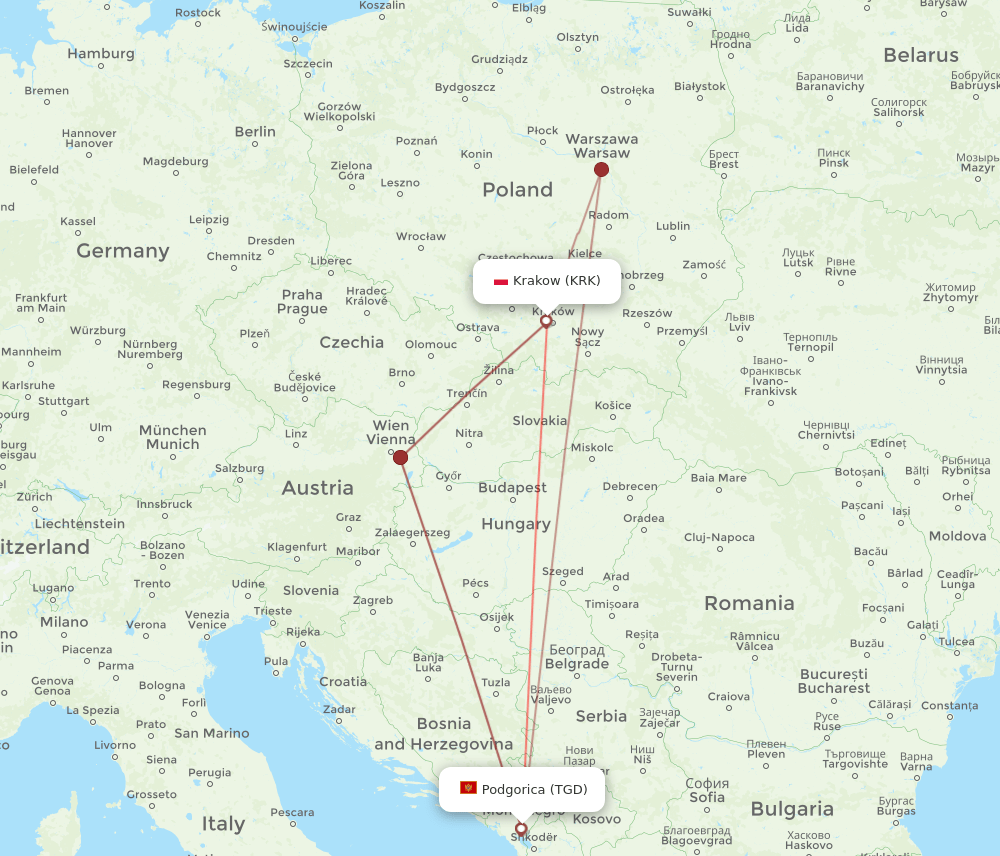 TGD to KRK flights and routes map