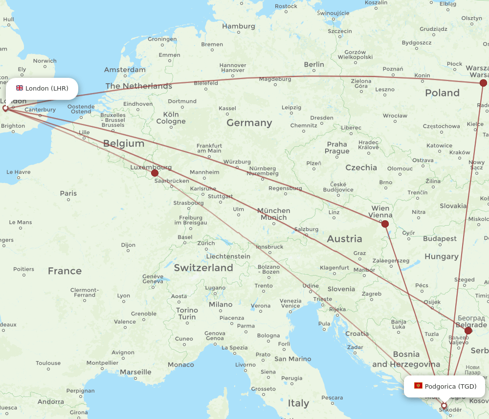 TGD-LHR flight routes