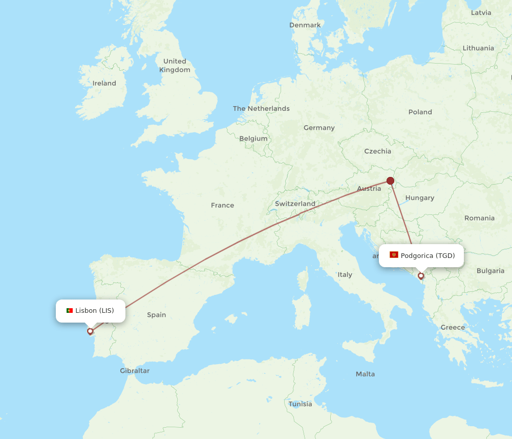 TGD to LIS flights and routes map