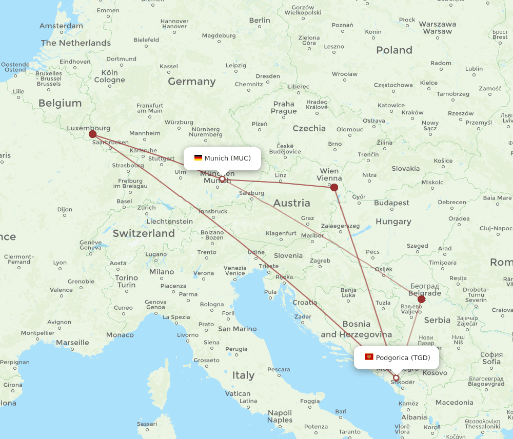 TGD to MUC flights and routes map