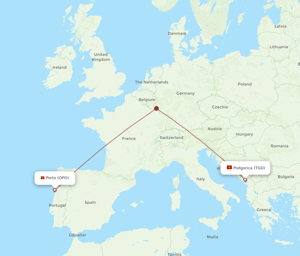 TGD to OPO flights and routes map