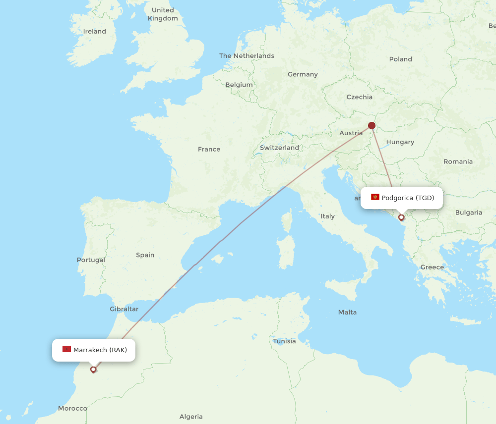 TGD to RAK flights and routes map