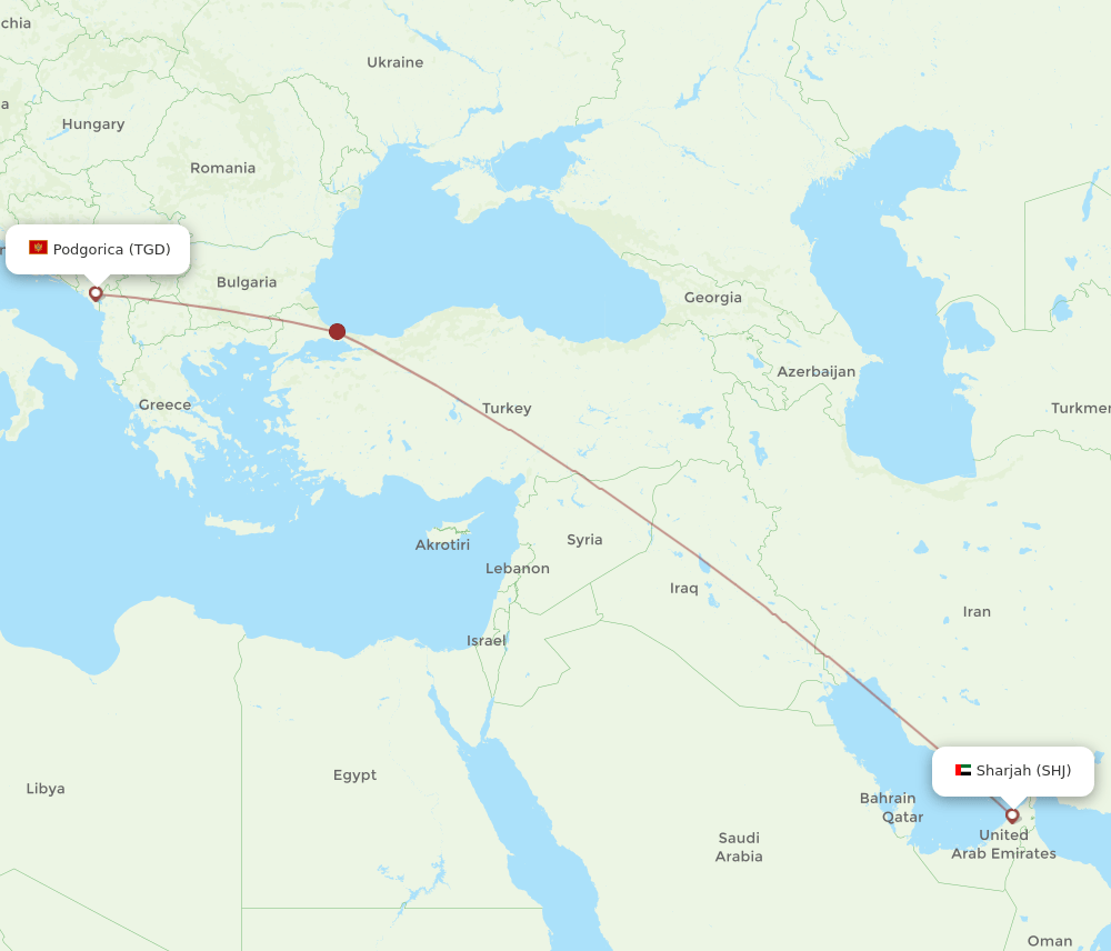 Sharjah - Podgorica route map and flight paths