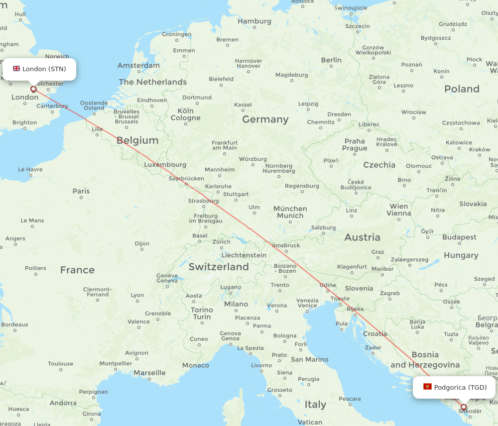 Podgorica - London route map and flight paths