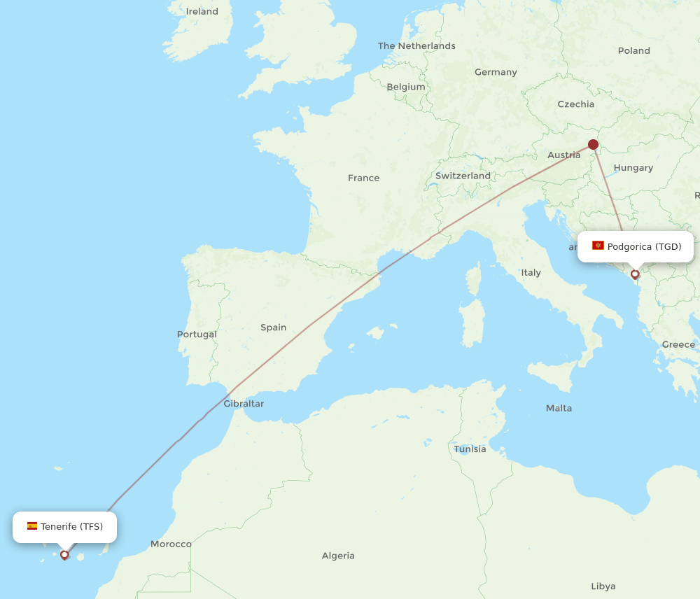 TGD to TFS flights and routes map