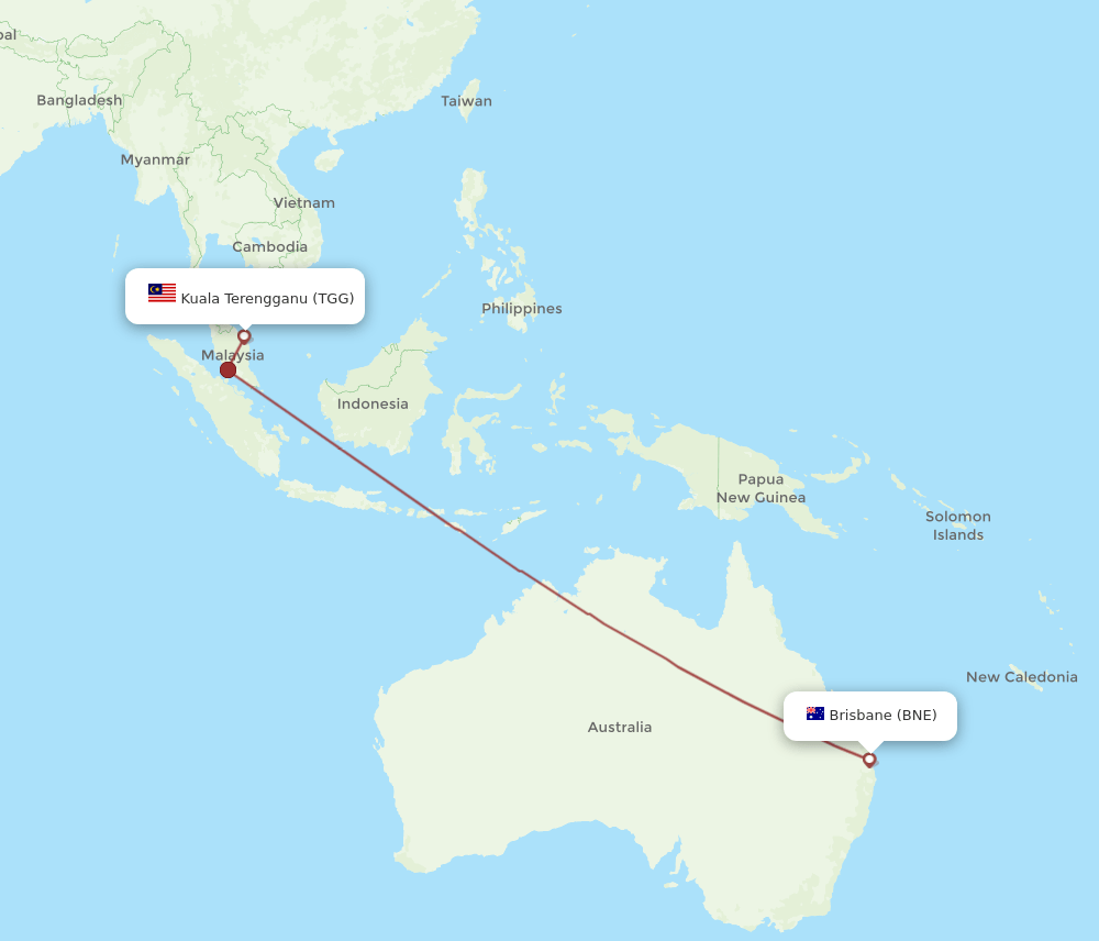 Brisbane - Kuala Terengganu route map and flight paths