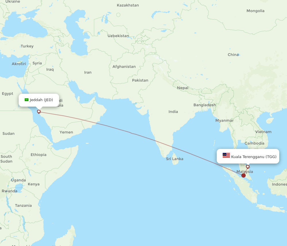 TGG to JED flights and routes map