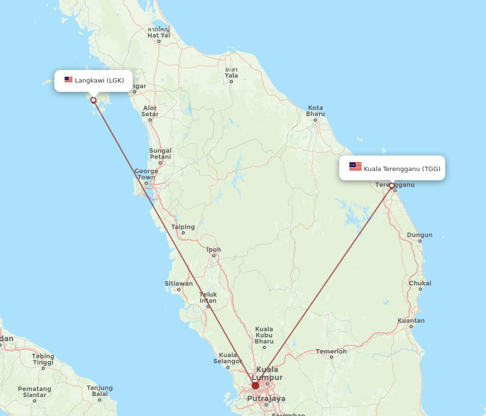 Kuala Terengganu - Langkawi route map and flight paths
