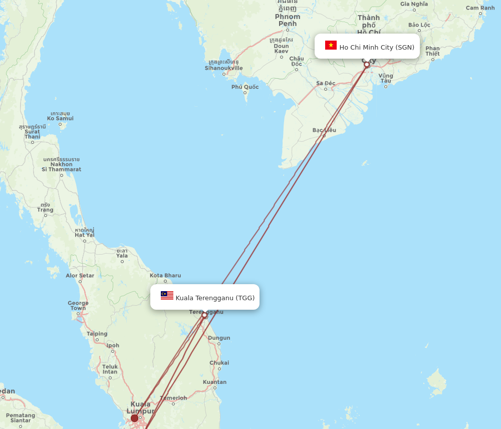 TGG to SGN flights and routes map