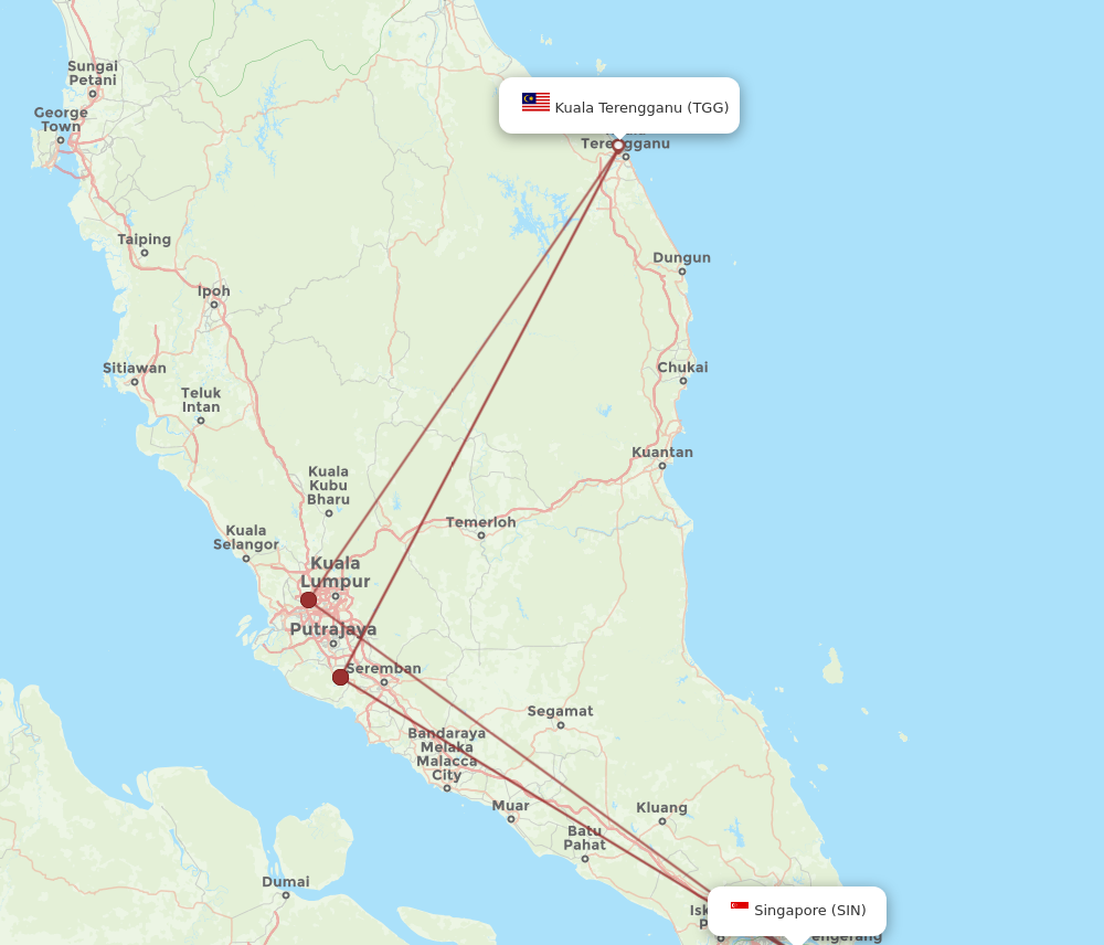 TGG to SIN flights and routes map