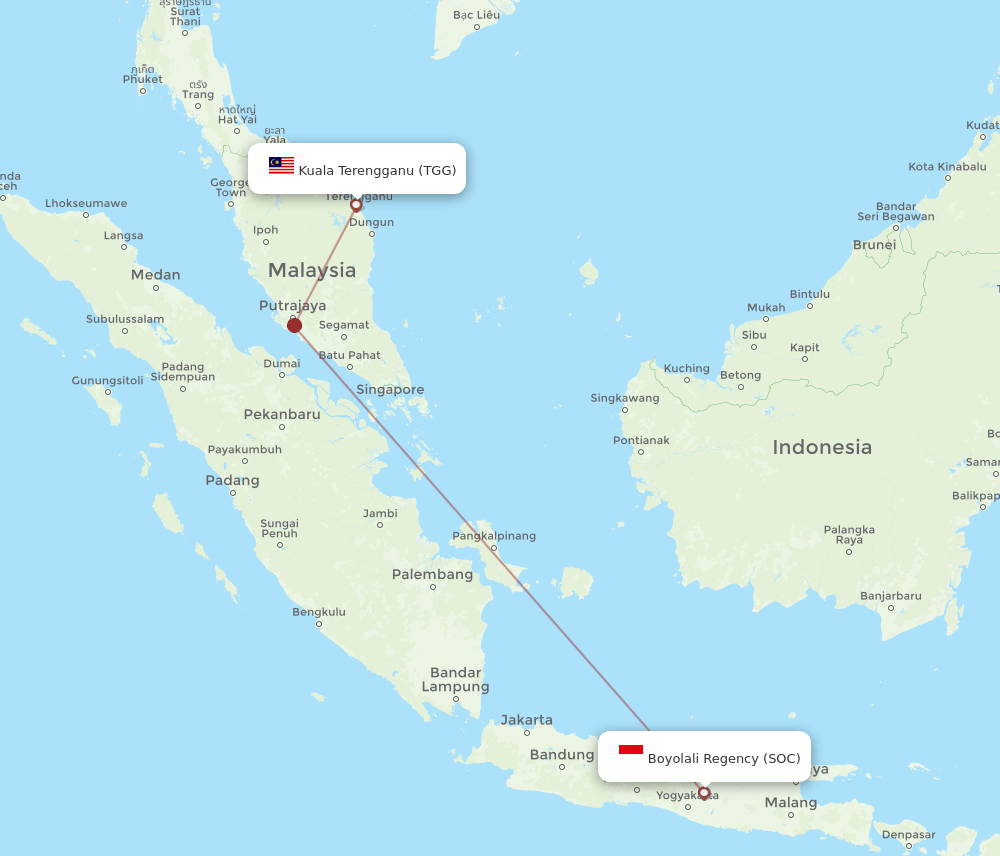 Kuala Terengganu - Surakarta route map and flight paths