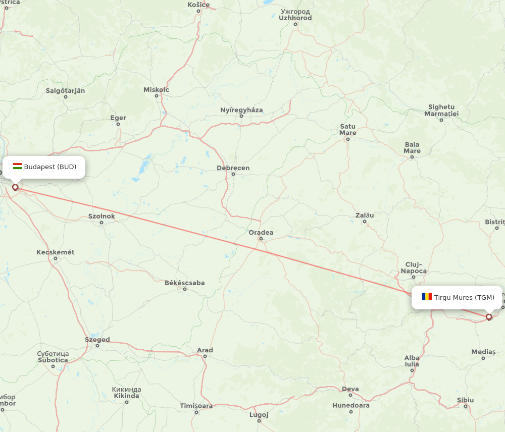 Targu-Mures - Budapest route map and flight paths