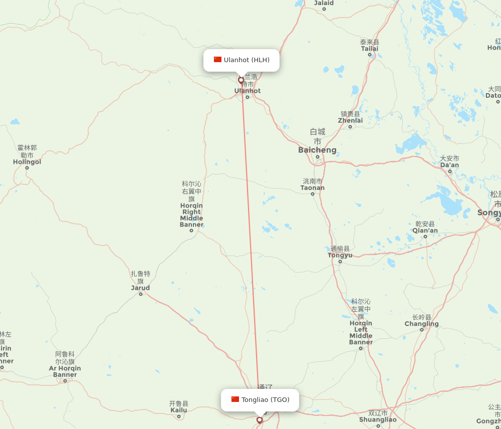 Tongliao - Ulanhot route map and flight paths