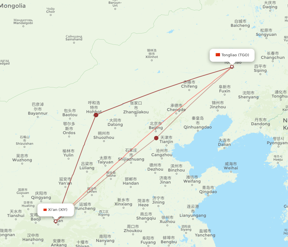 TGO to XIY flights and routes map