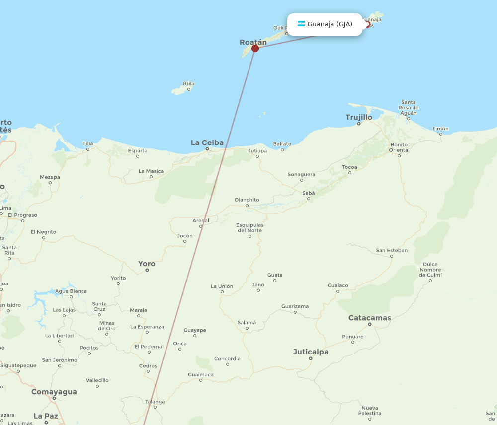 Guanaja - Tegucigalpa route map and flight paths