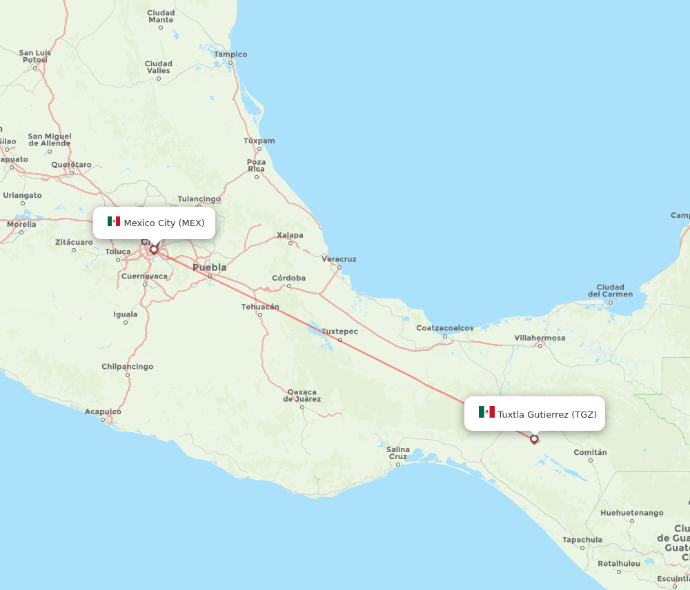 Tuxtla Gutierrez - Mexico City route map and flight paths