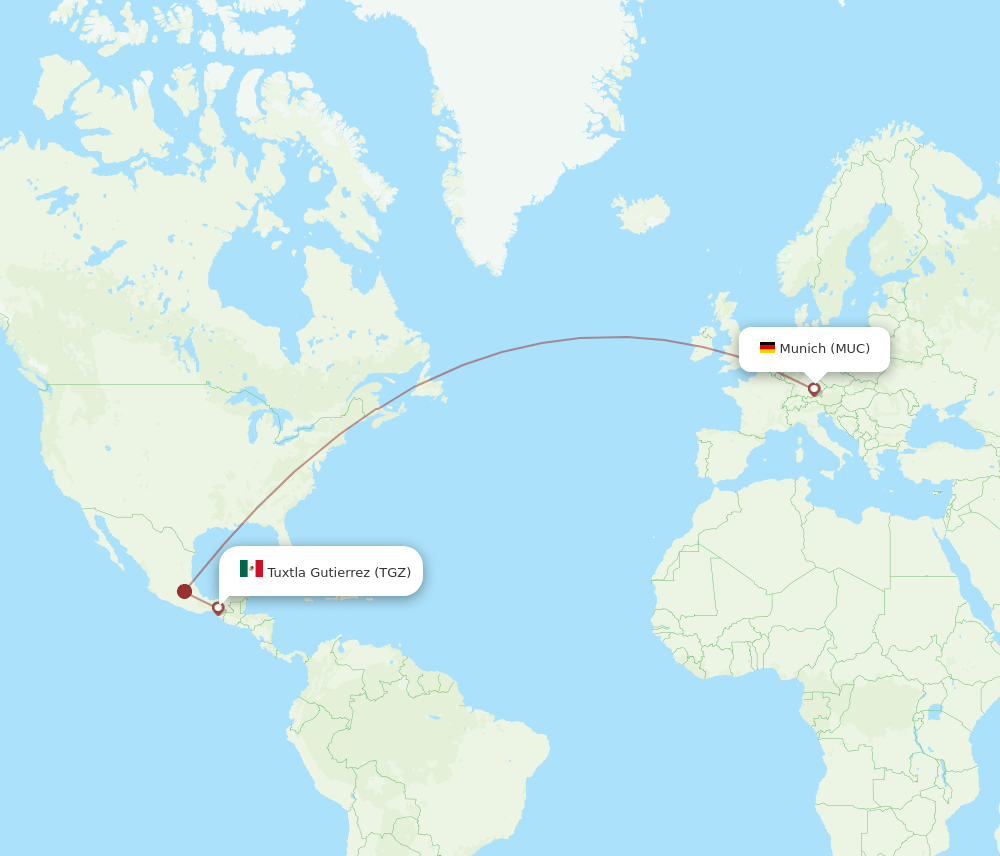 Munich - Tuxtla Gutierrez route map and flight paths