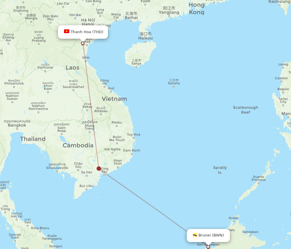 THD to BWN flights and routes map