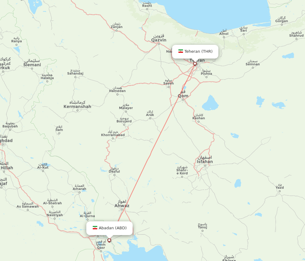 Tehran - Abadan route map and flight paths