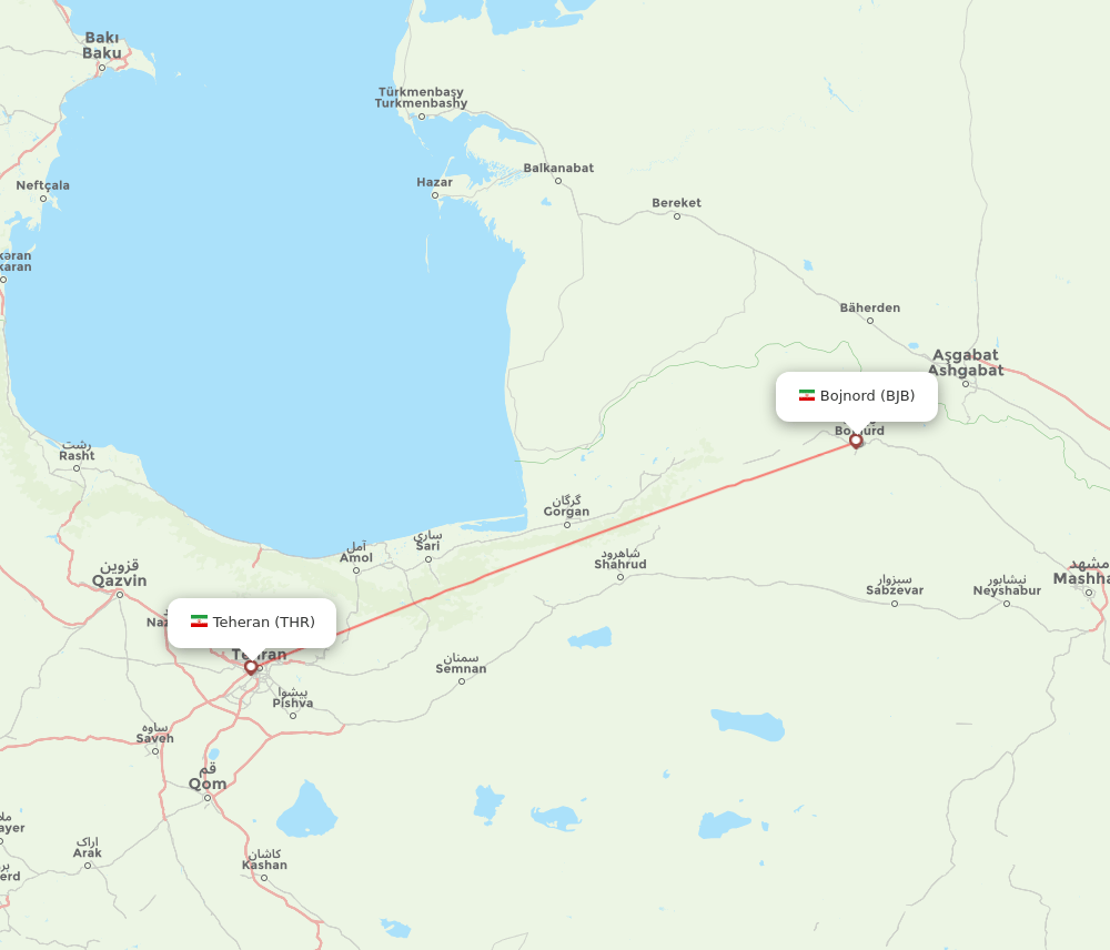 Tehran - Bojnord route map and flight paths