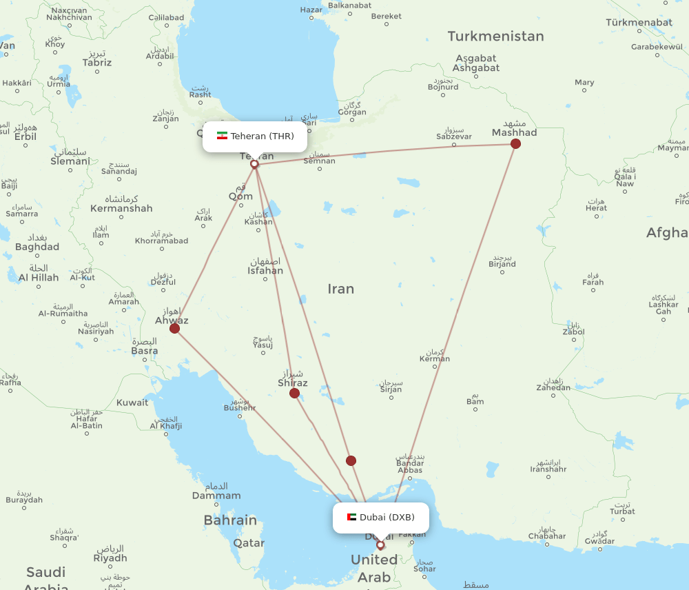 THR to DXB flights and routes map