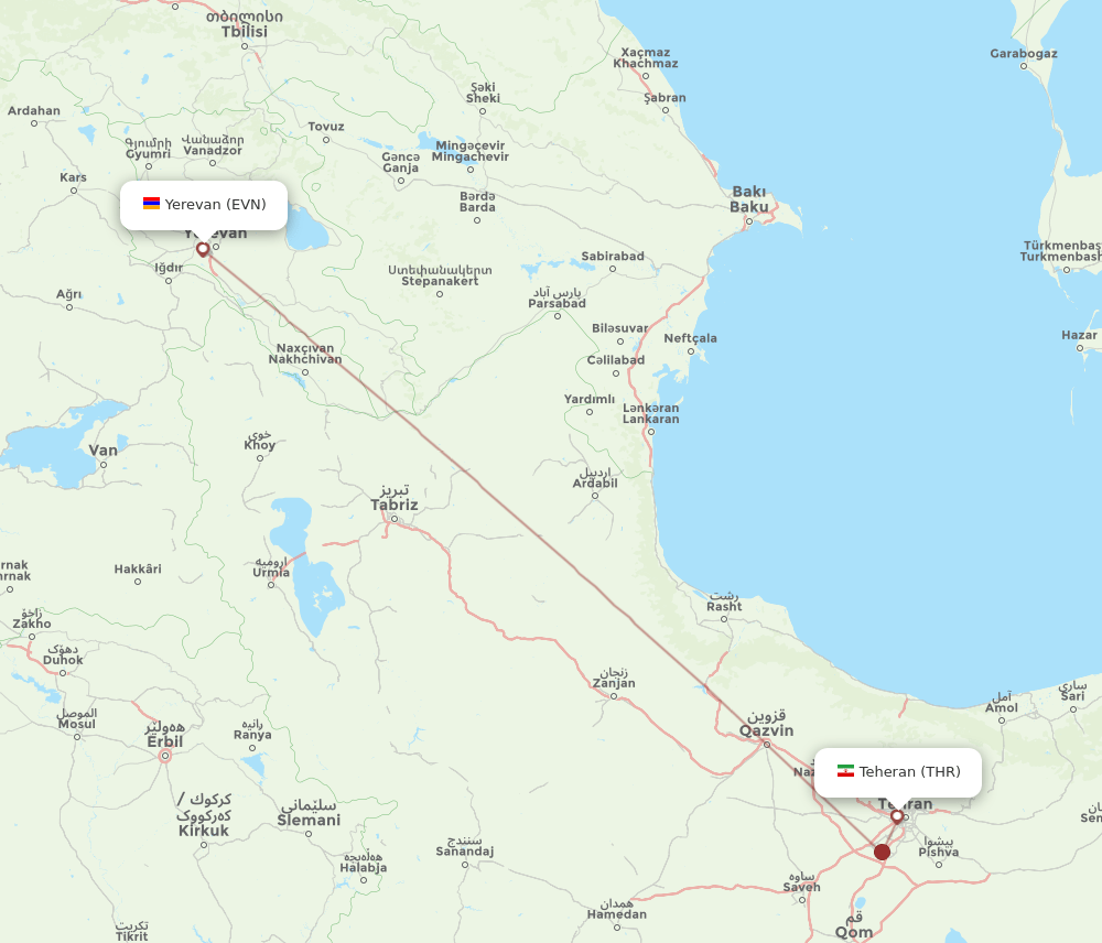 THR to EVN flights and routes map