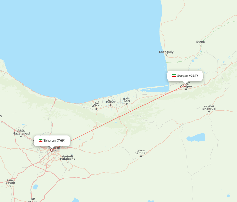 THR to GBT flights and routes map