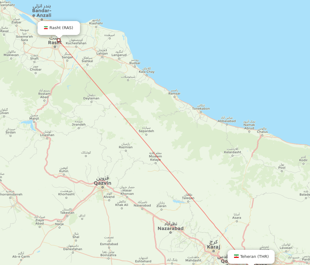 Tehran - Rasht route map and flight paths