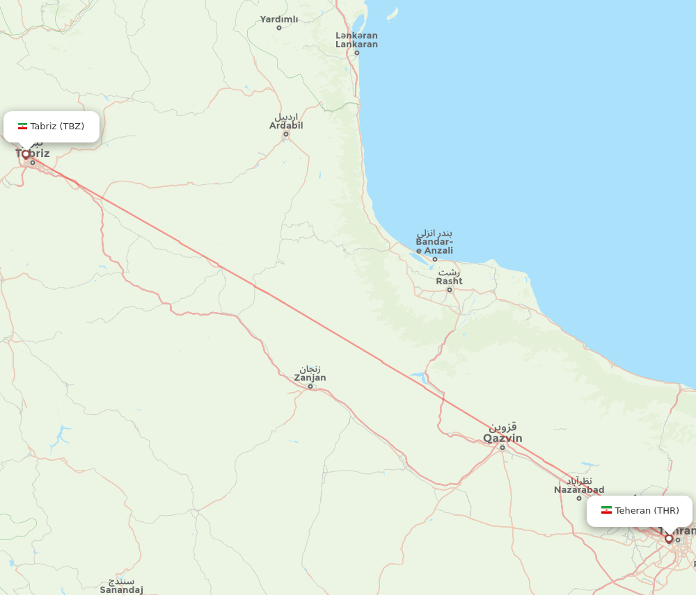Tehran - Tabriz route map and flight paths