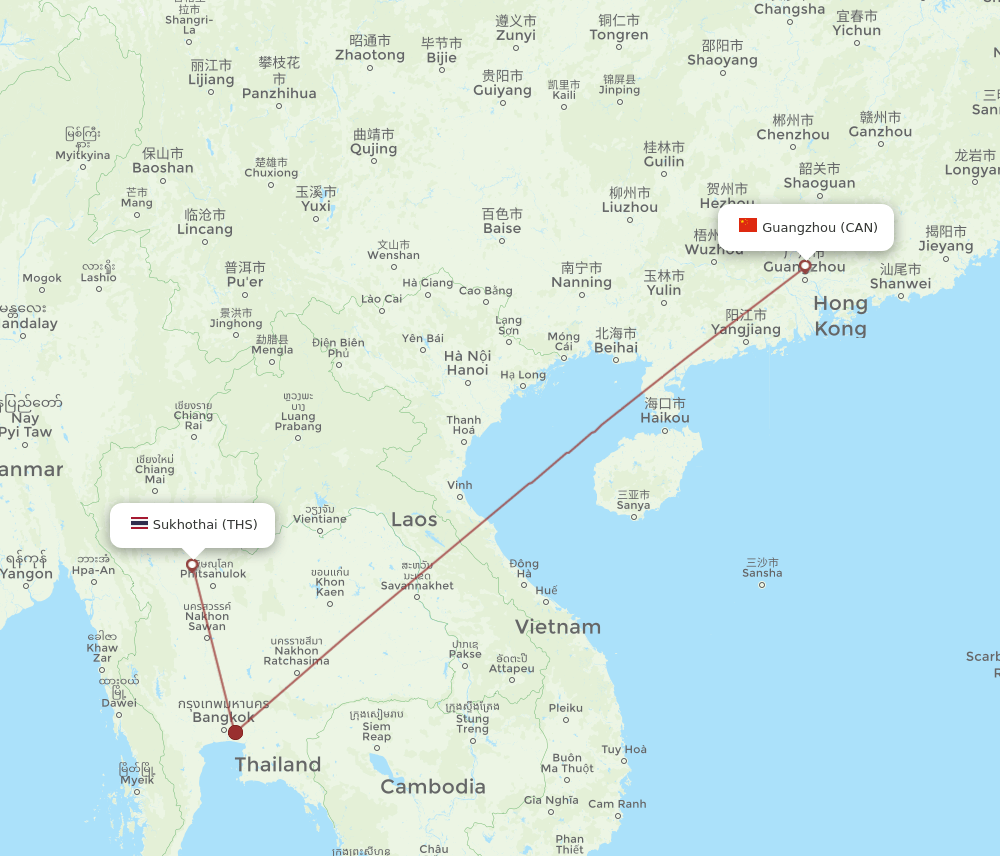 Guangzhou - Sukhothai route map and flight paths