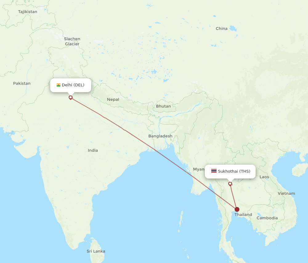 THS to DEL flights and routes map