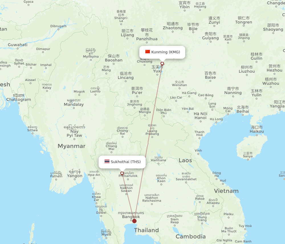 Kunming - Sukhothai route map and flight paths