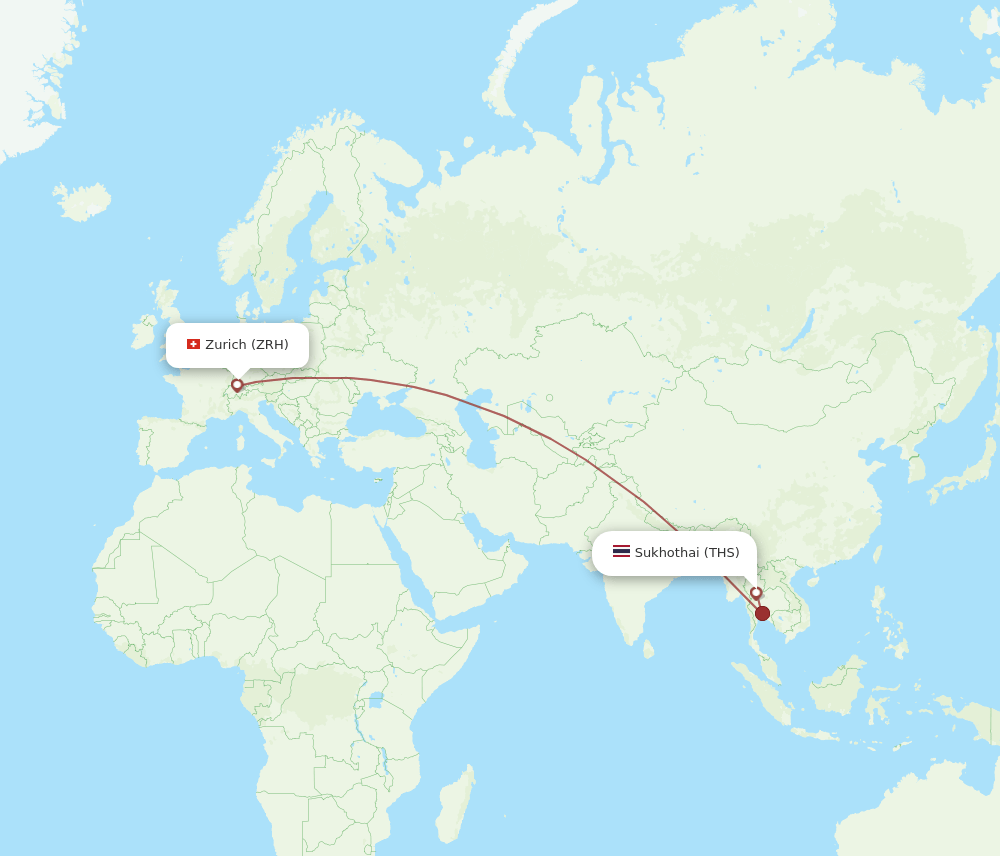Zurich - Sukhothai route map and flight paths