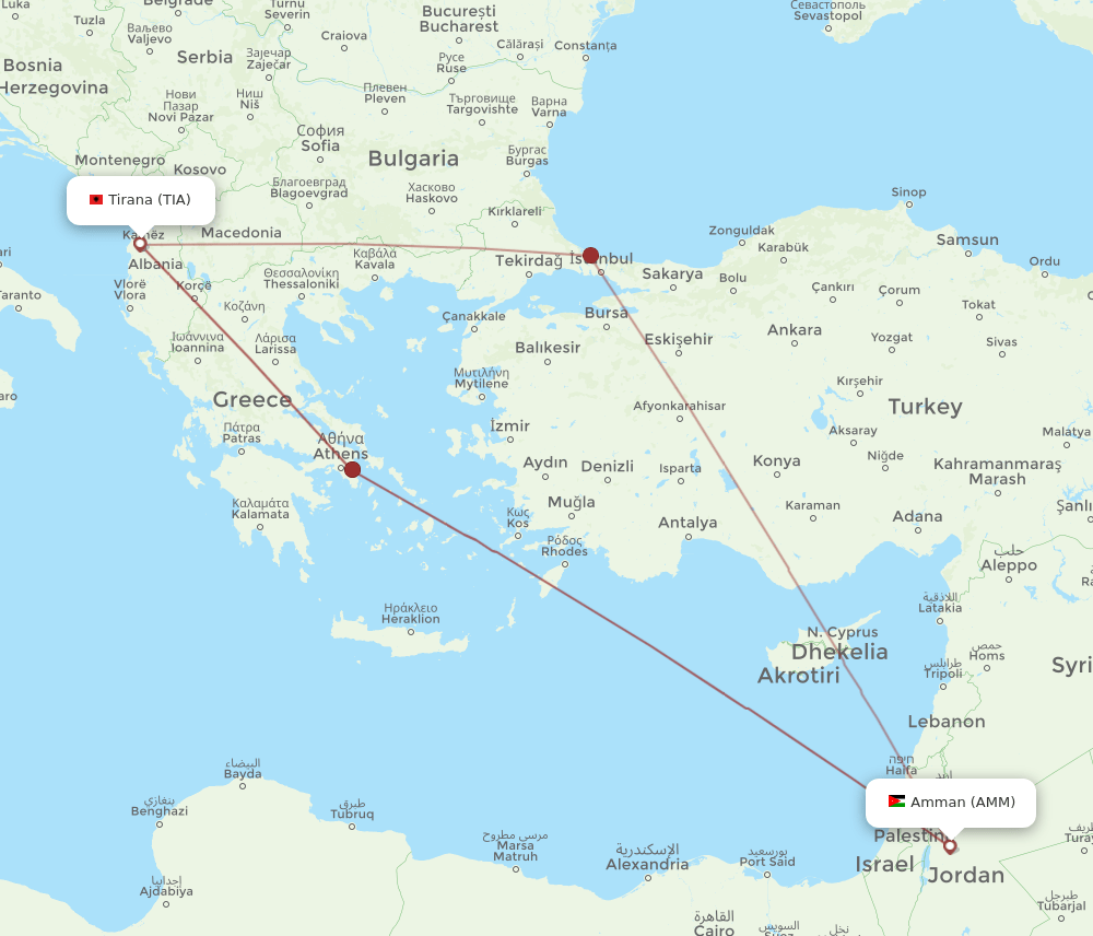 TIA to AMM flights and routes map