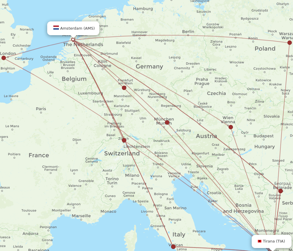 TIA to AMS flights and routes map