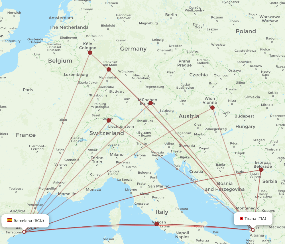 TIA to BCN flights and routes map