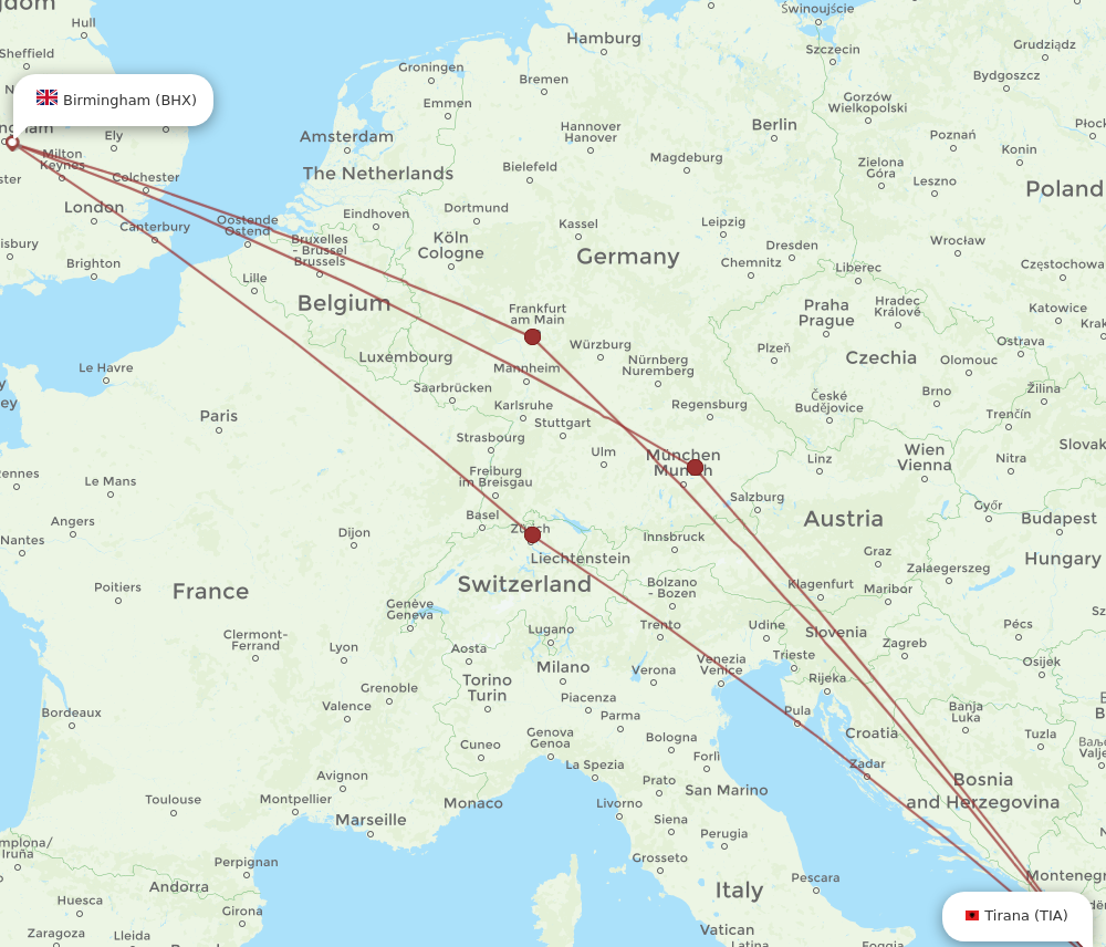 TIA to BHX flights and routes map