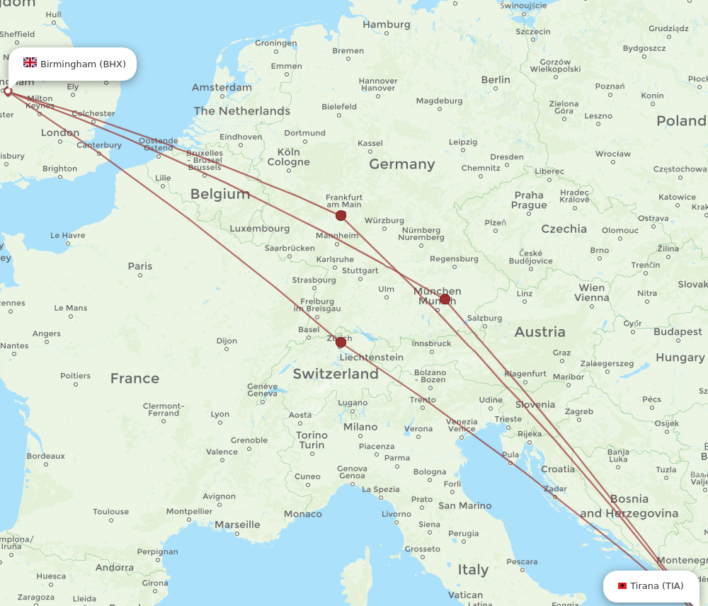 TIA-BHX flight routes