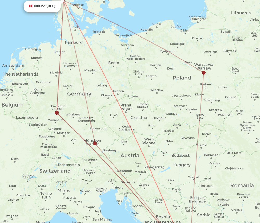 TIA-BLL flight routes